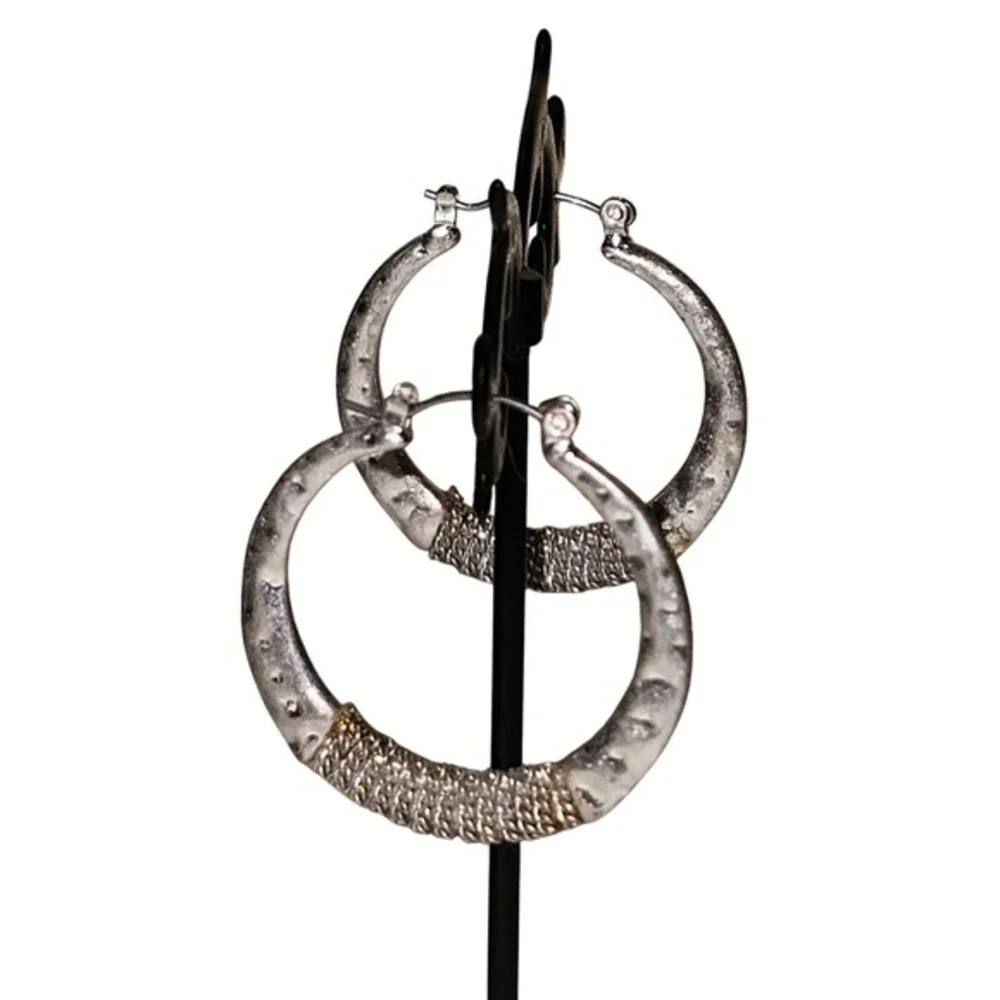Lucky Brand Silver Hammered Hoop Earrings Wire‎ Wrapped Boho Medium 1.25 Inch